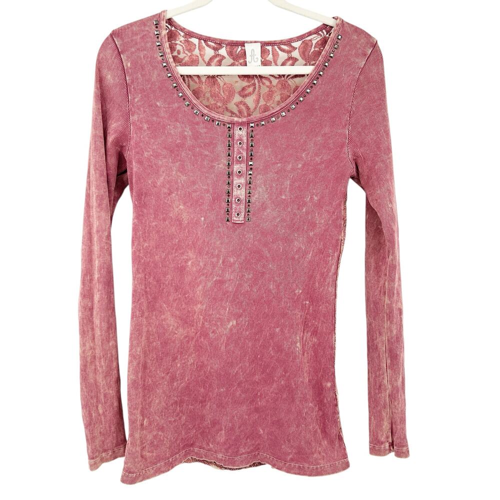 American Age Womens Y2K‎ Studded Ribbed Lace Back Long Sleeve Henley Top Size M